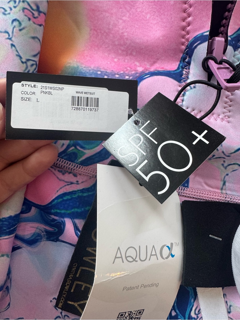 Cynthia Rowley Pink and Navy Wave-Print Long Sleeve One-Piece Swimsuit wetsuit - Picture 3 of 4